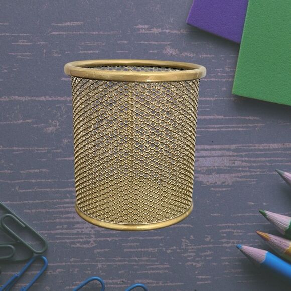 2 Pack Pen Holder Metal Mesh Pencil Holders Round Shaped Pen Holders (Gold) - Picture 2 of 4